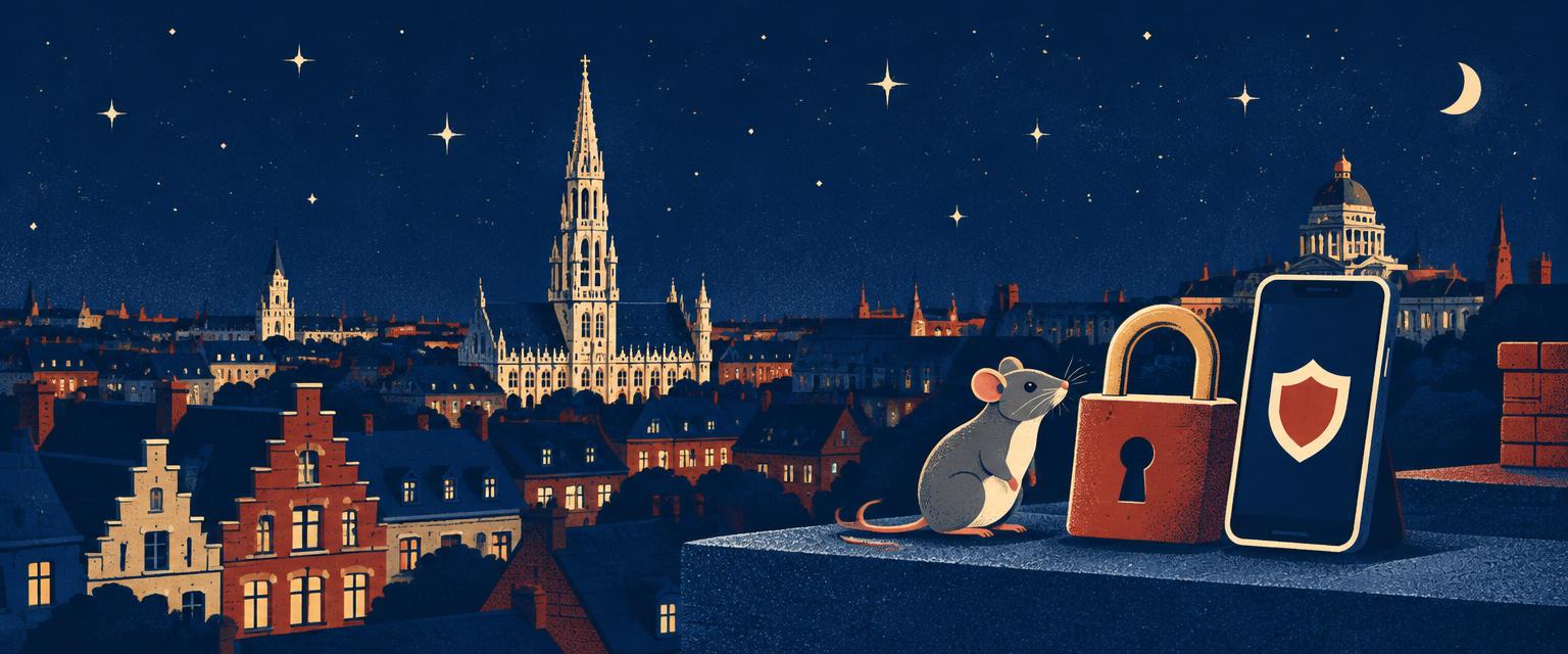 Une souris à côté d'un cadenas et d'un téléphone protégé, sur les toits de Bruxelles
