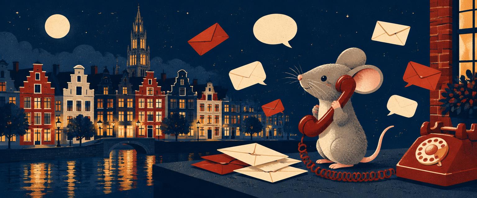 Une souris au téléphone, entourée d'enveloppes, devant des façades bruxelloises