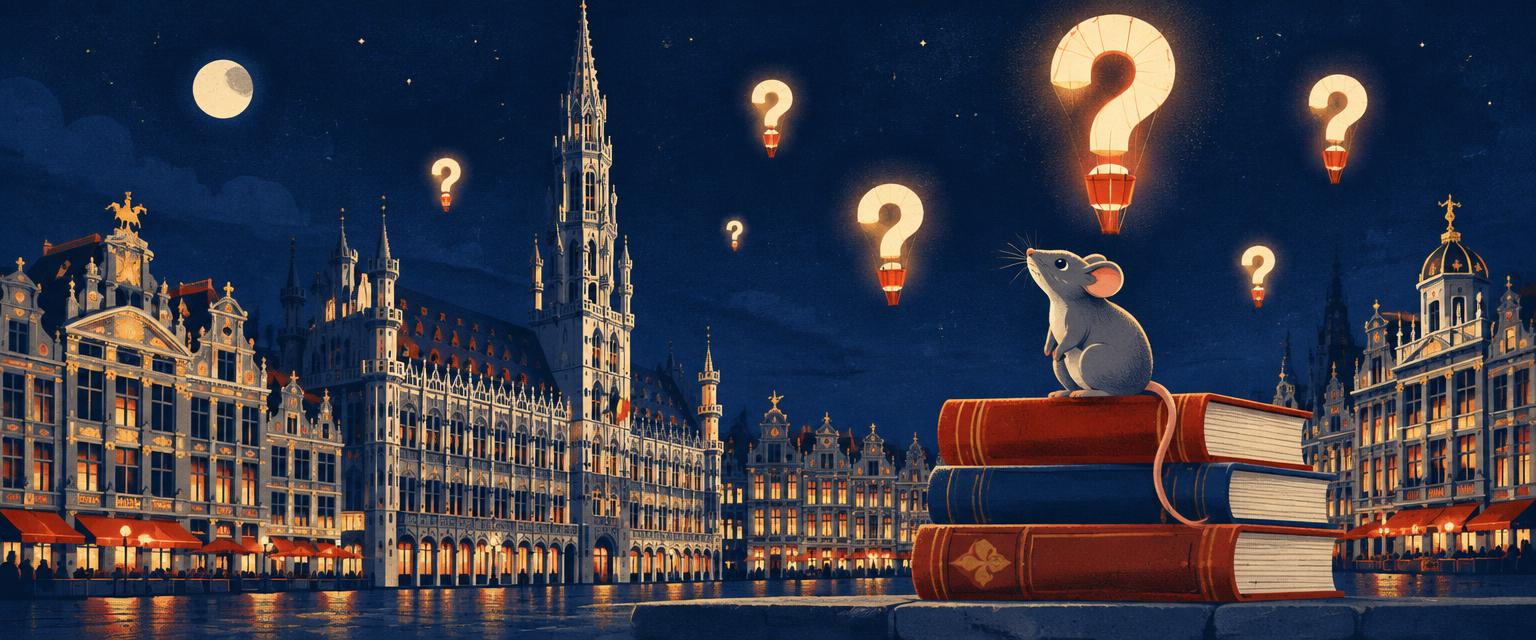 Une souris sur une pile de livres, des points d'interrogation au-dessus de la Grand-Place