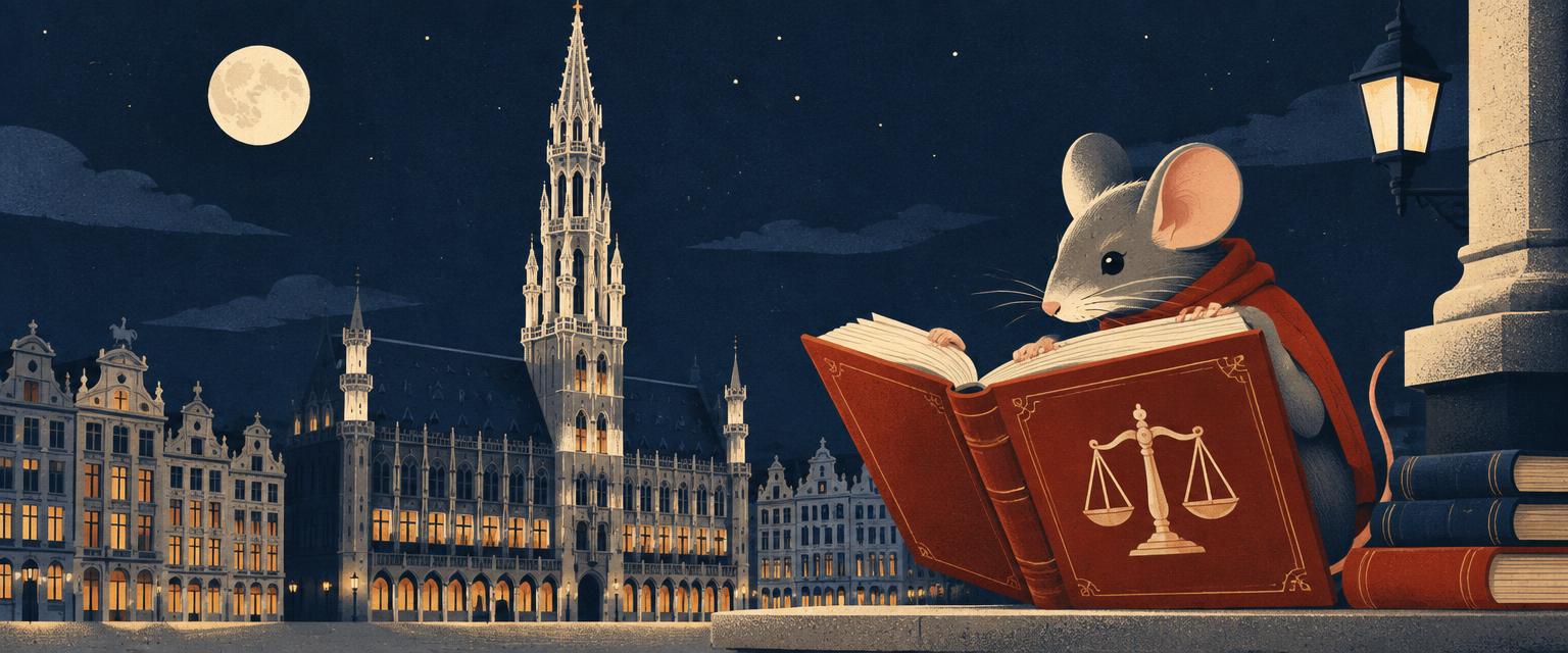 Une souris lit un livre de règles devant l'Hôtel de Ville de Bruxelles