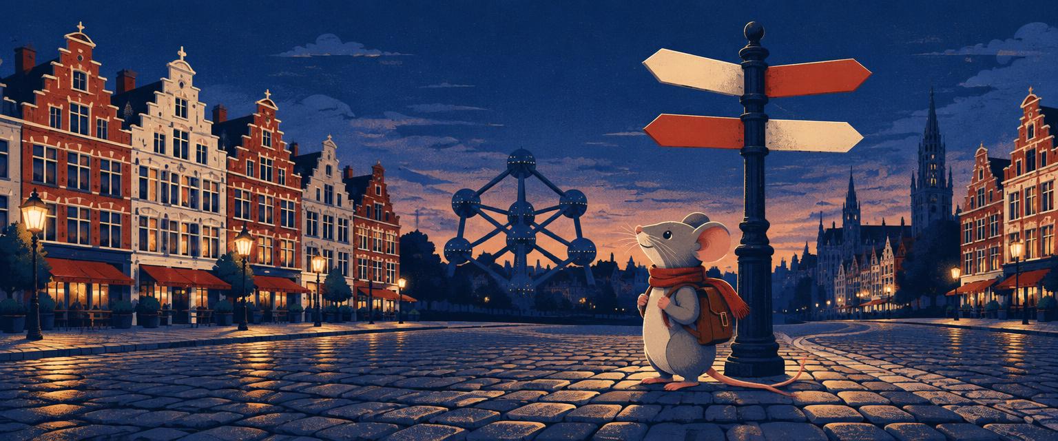 Une souris devant un panneau indicateur sur les pavés de Bruxelles